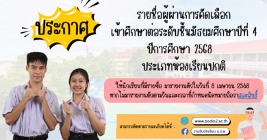 ประกาศรายชื่อผู้สอบผ่านการคัดเลือกเข้าศึกษาต่อ ม.4 ปีการศึกษา 2568 ประเภทห้องเรียนปกติ